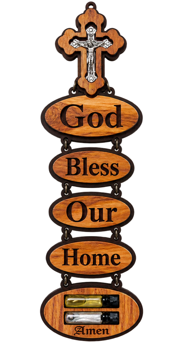 Bethlehem Olive Wood God Bless Our Home Wall Hanging with Crucifix