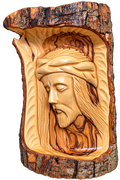 Hand-Carved Bethlehem Olive Wood Jesus Christ Portrait – Rustic Bark Wall Plaque
