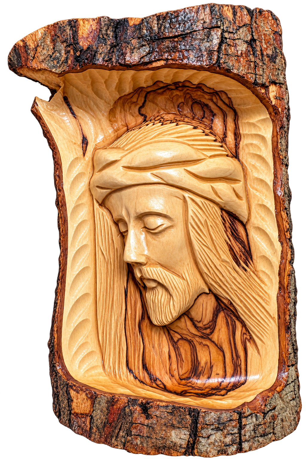 Hand-Carved Bethlehem Olive Wood Jesus Christ Portrait – Rustic Bark Wall Plaque