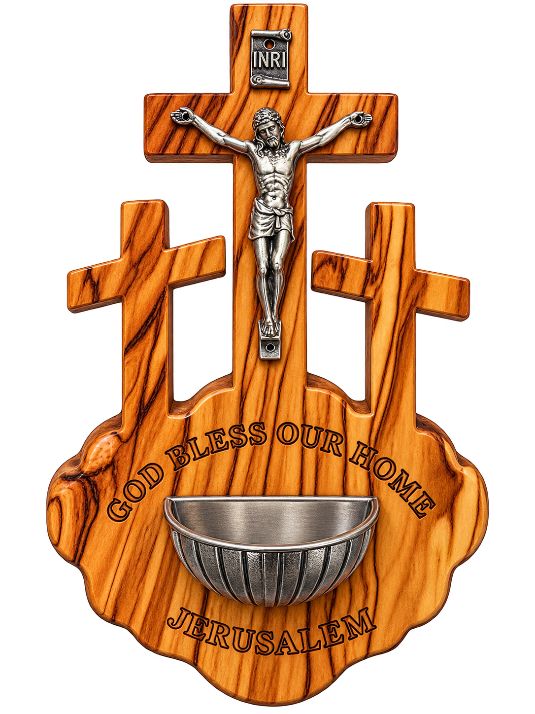 Handcrafted Olive Wood Holy Water Font with Three Crosses – God Bless Our Home