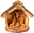 Handcrafted Bethlehem Olive Wood Nativity Scene – Rustic Stable with Angel & Palm Tree