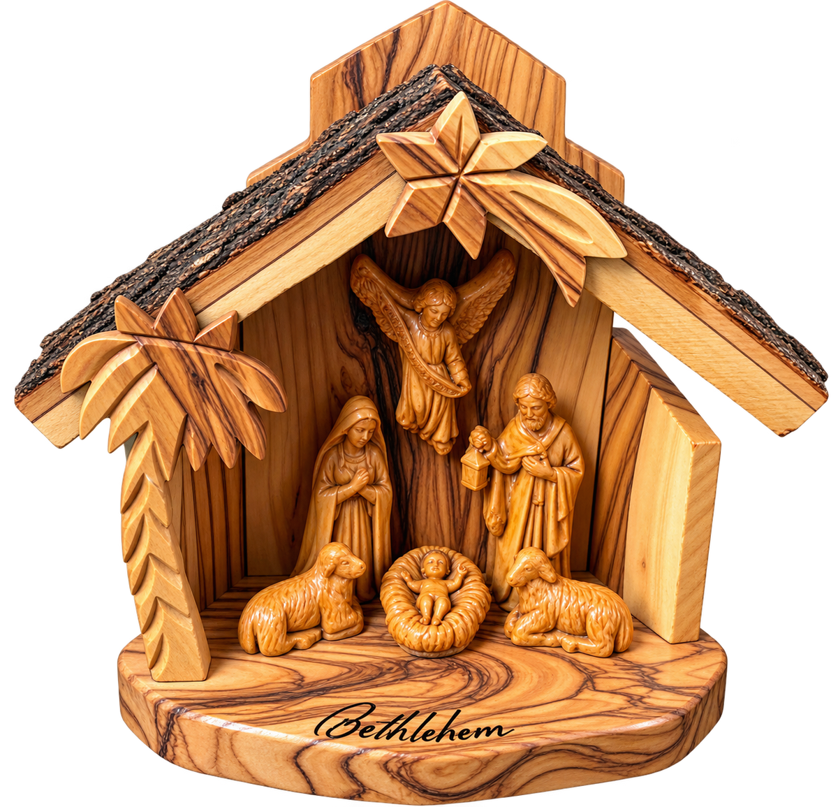Handcrafted Bethlehem Olive Wood Nativity Scene – Rustic Stable with Angel & Palm Tree