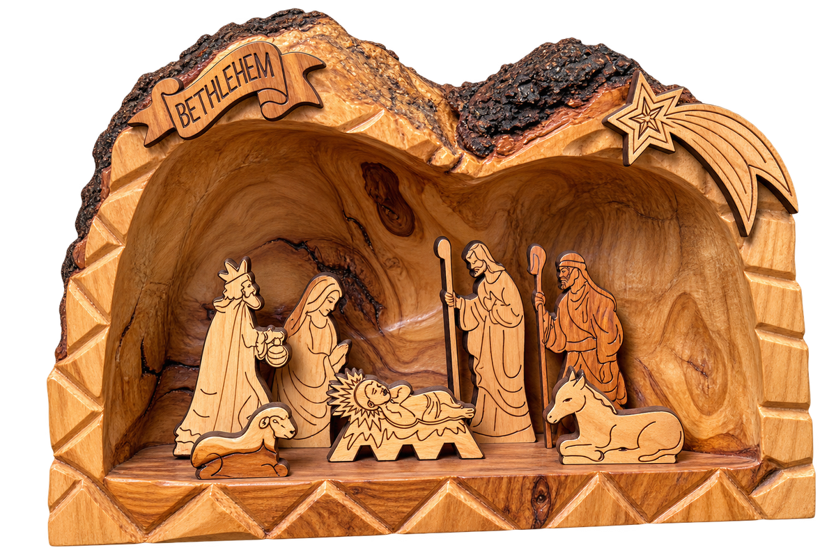 Handcrafted Bethlehem Olive Wood Nativity Scene – Natural Bark Grotto