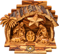 Handcrafted Bethlehem Olive Wood Nativity Scene with Bark-Roof Manger