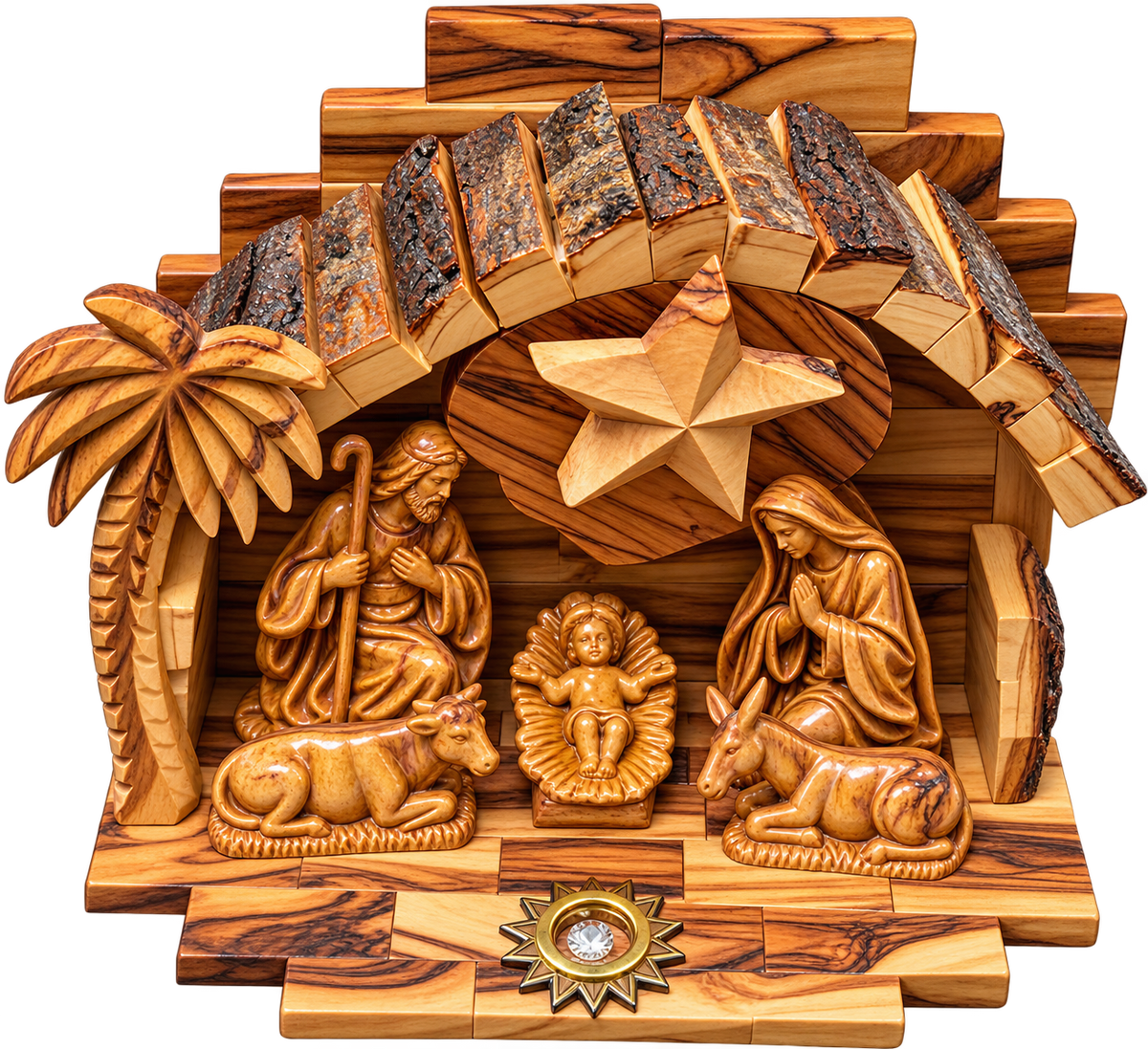 Handcrafted Bethlehem Olive Wood Nativity Scene with Bark-Roof Manger
