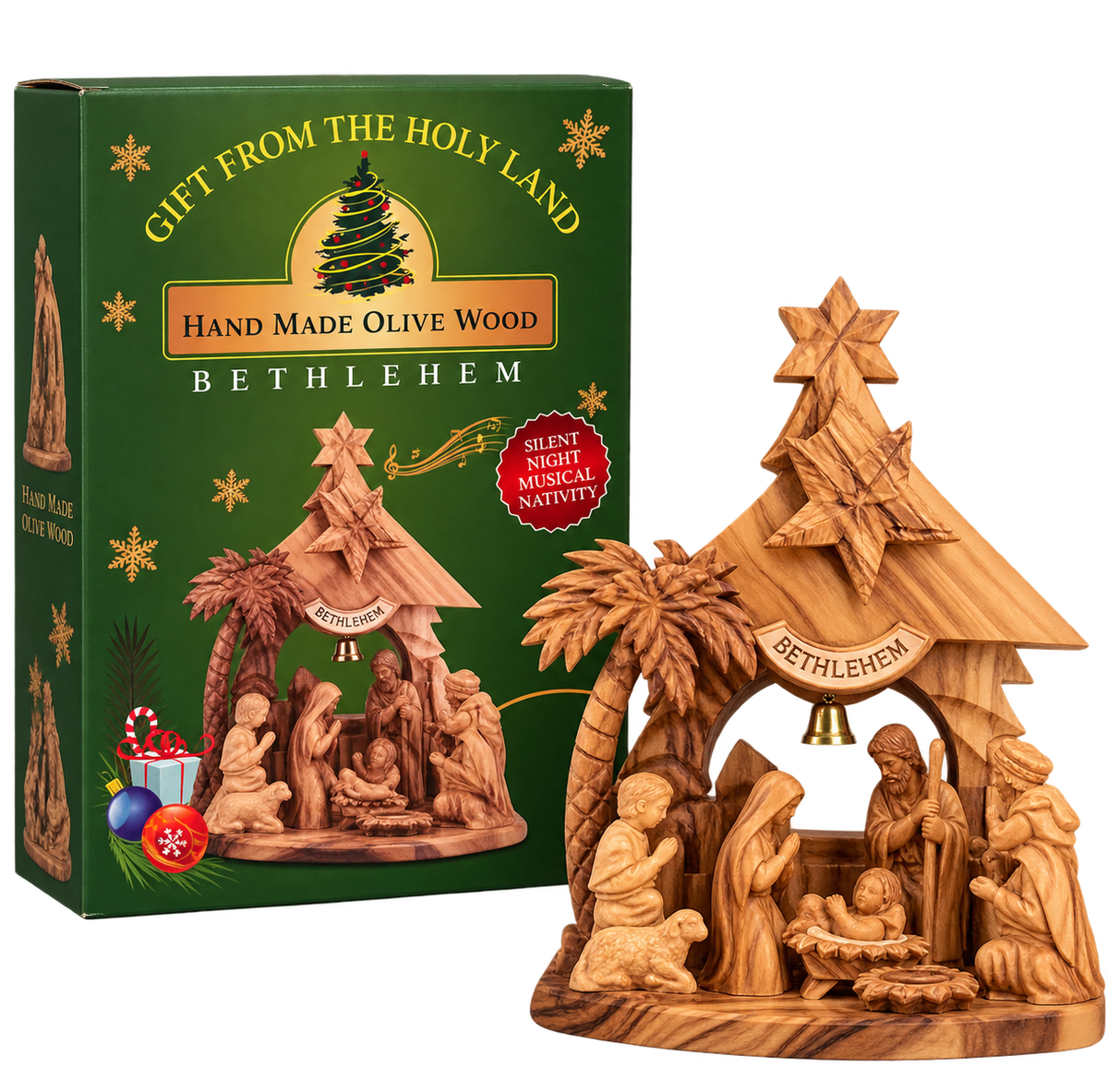 Bethlehem Olive Wood Musical Nativity Set – Silent Night Christmas Decoration