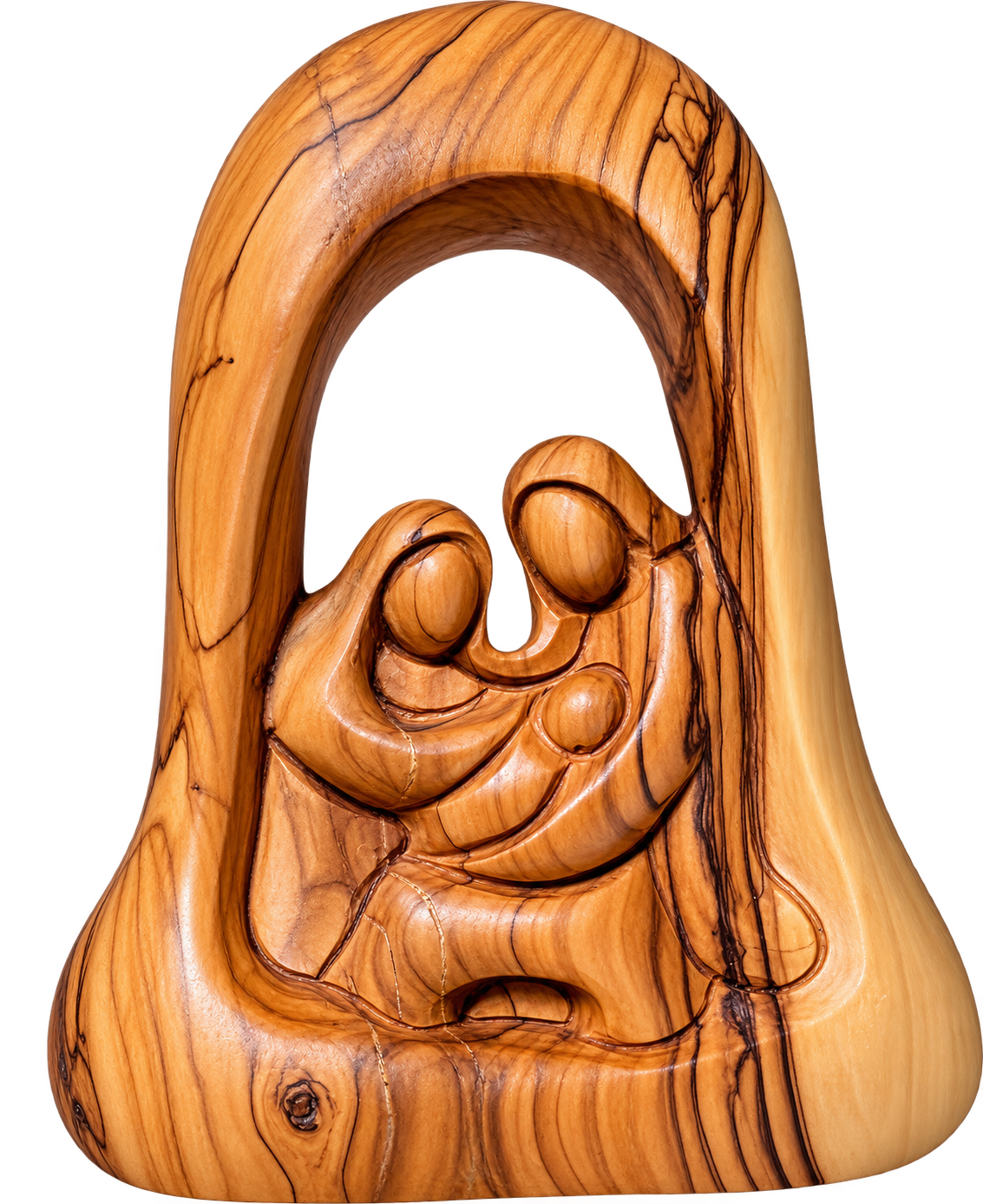 Hand-Carved Bethlehem Olive Wood Holy Family Nativity Sculpture – Modern Arch Design