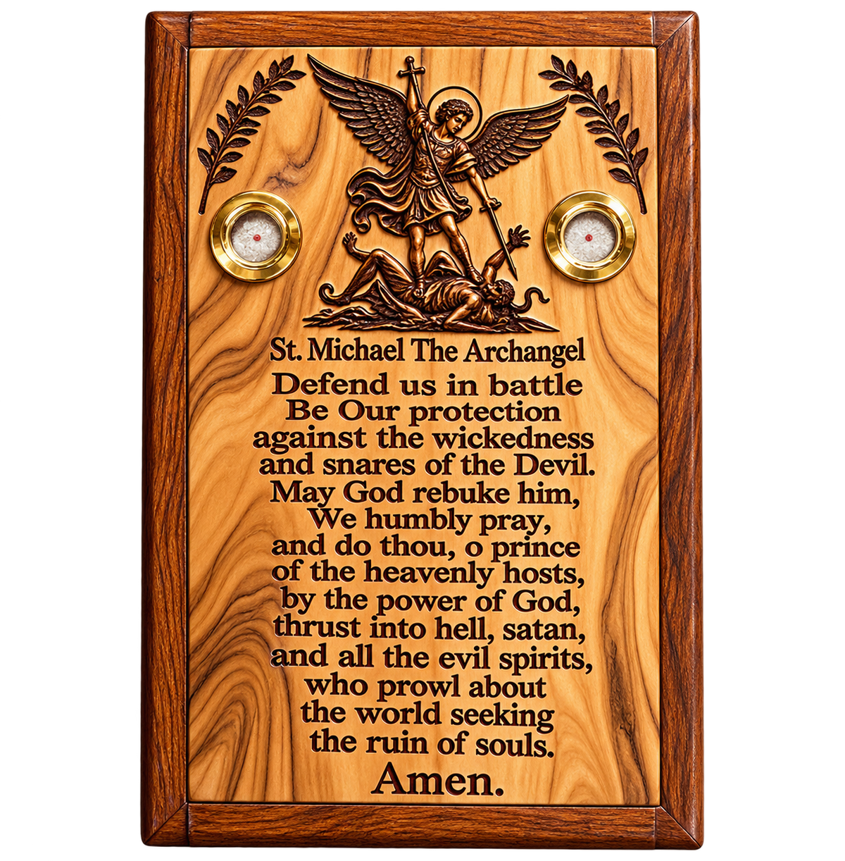 St. Michael the Archangel Olive Wood Prayer Plaque